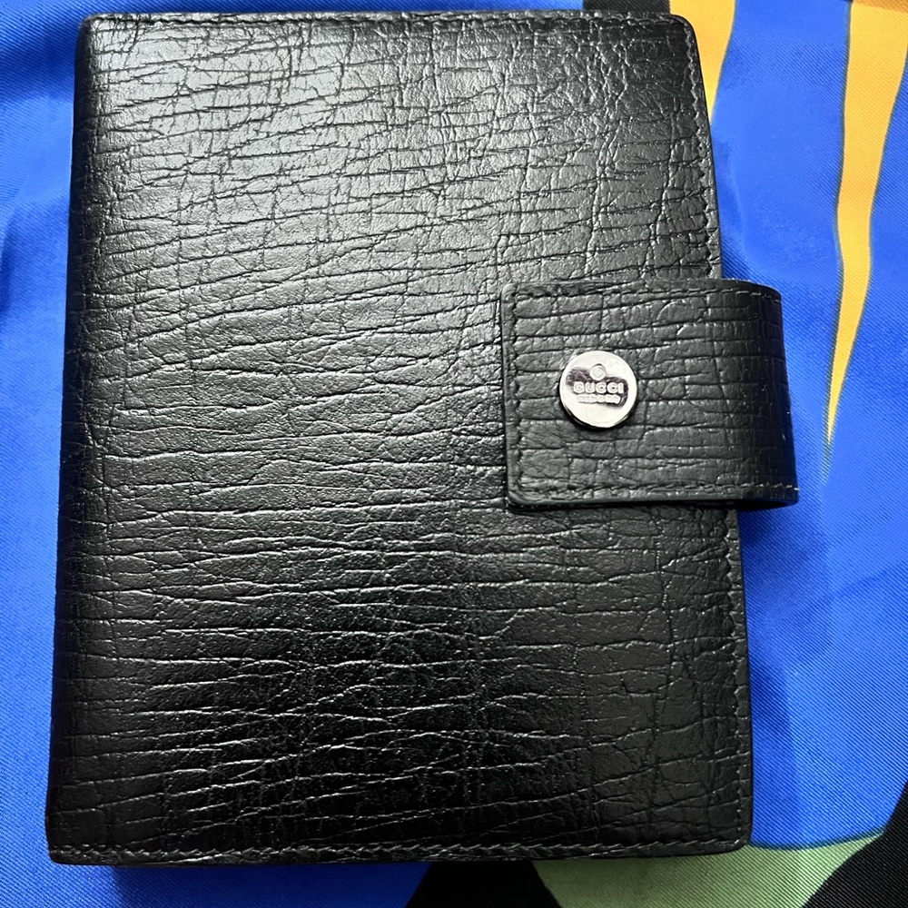 GUCCI LOGO AGENDA NOTEBOOK COVER LEATHER BLACK SILVER MADE IN ITALY